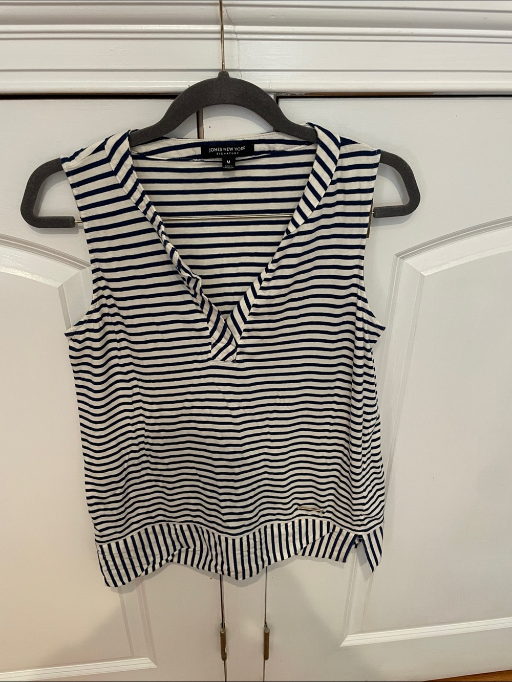 Jones New York Navy and White Striped V-Neck Tank